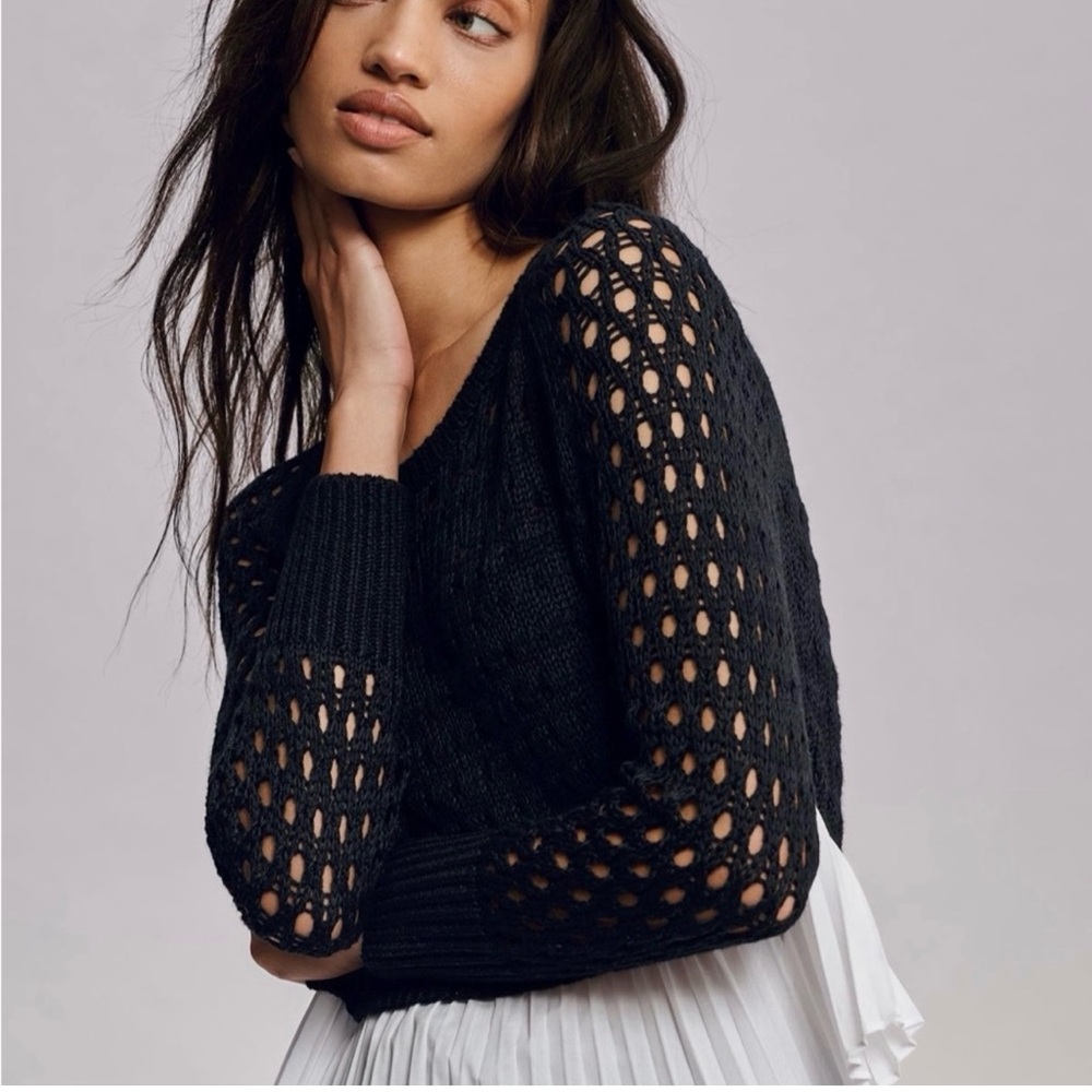 Anthropology Maeve Black Open-Knit Sweater with pleated ruffle. NWOT